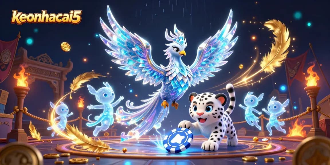 Engage with keonhacai5 as a 3D ice phoenix and snow leopard cub navigate a vibrant casino world filled with energy.