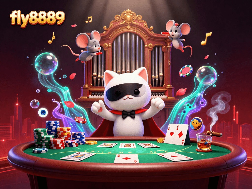 Experience thrilling gameplay at fly8889 with a lively casino scene featuring unique characters and immersive elements.