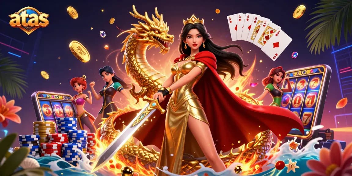 Embrace winning vibes at ATAS casino, showcasing a warrior queen and a golden dragon amidst vibrant slots and gaming excitement.