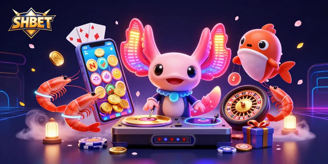 Experience thrilling gaming at SHBET with a cartoon DJ and vibrant casino elements.