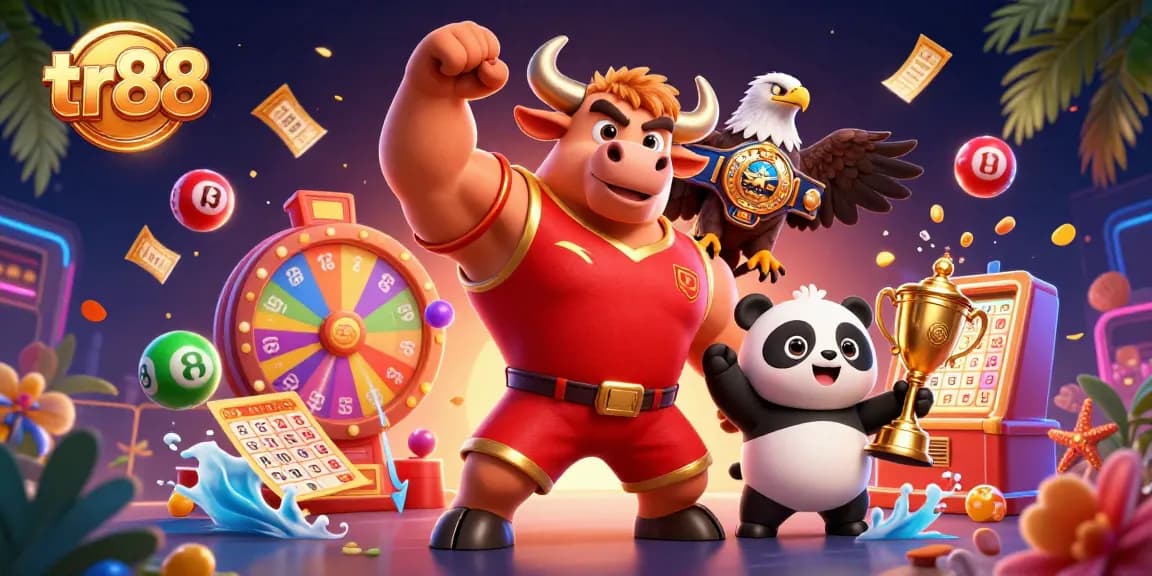 Engage with tr88 casino winnings as a lively mascot trio celebrates with prizes and lottery elements.