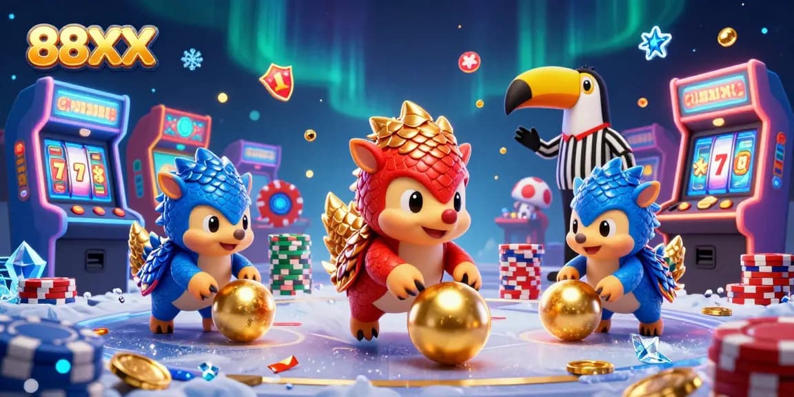 Engage with 88XX's thrilling casino games featuring rival pangolins rolling golden balls through poker chips.