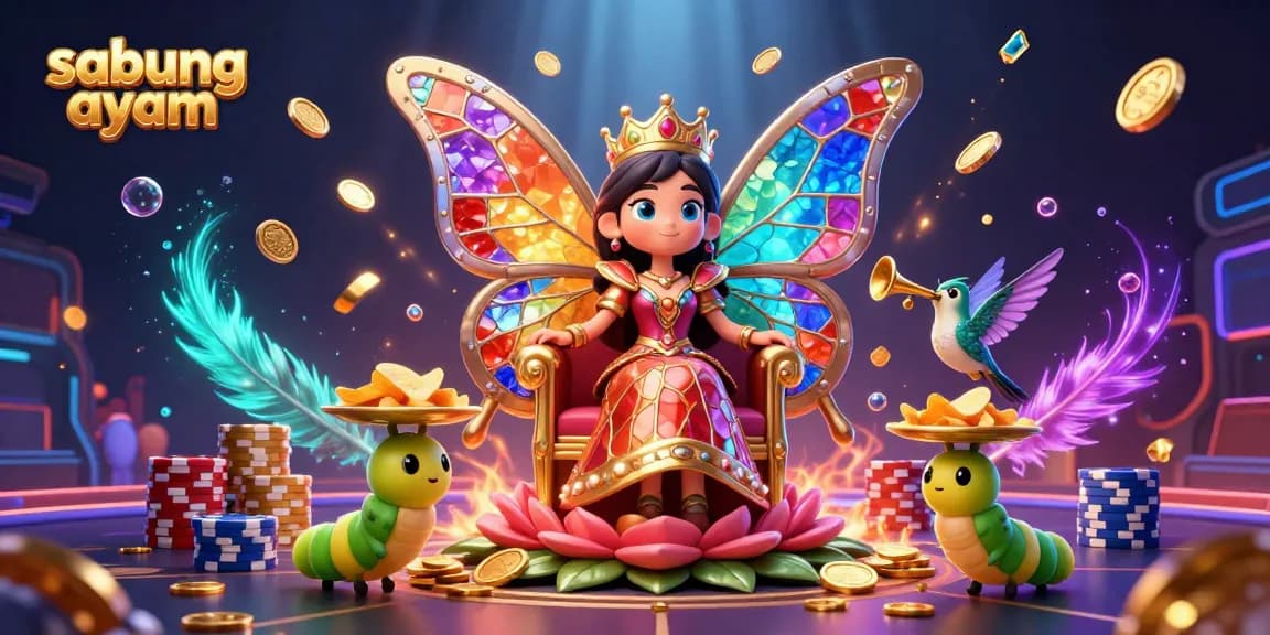 Experience sabung ayam excitement with a whimsical butterfly queen in a vibrant cockfighting arena scene.