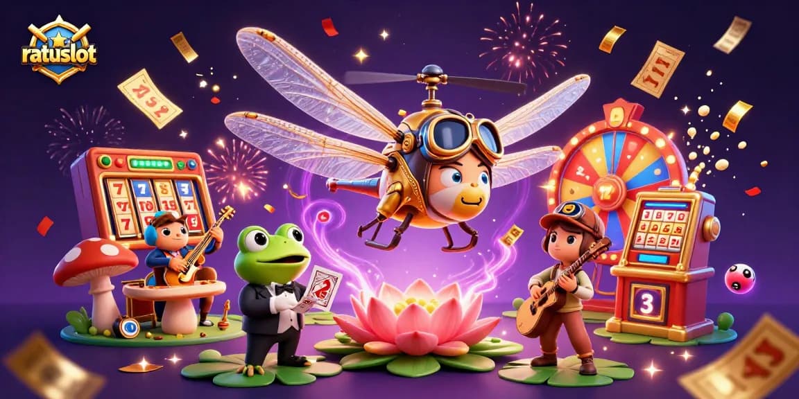 Experience gaming excitement with ratuslot's colorful casino scene featuring dynamic characters and vibrant game elements.