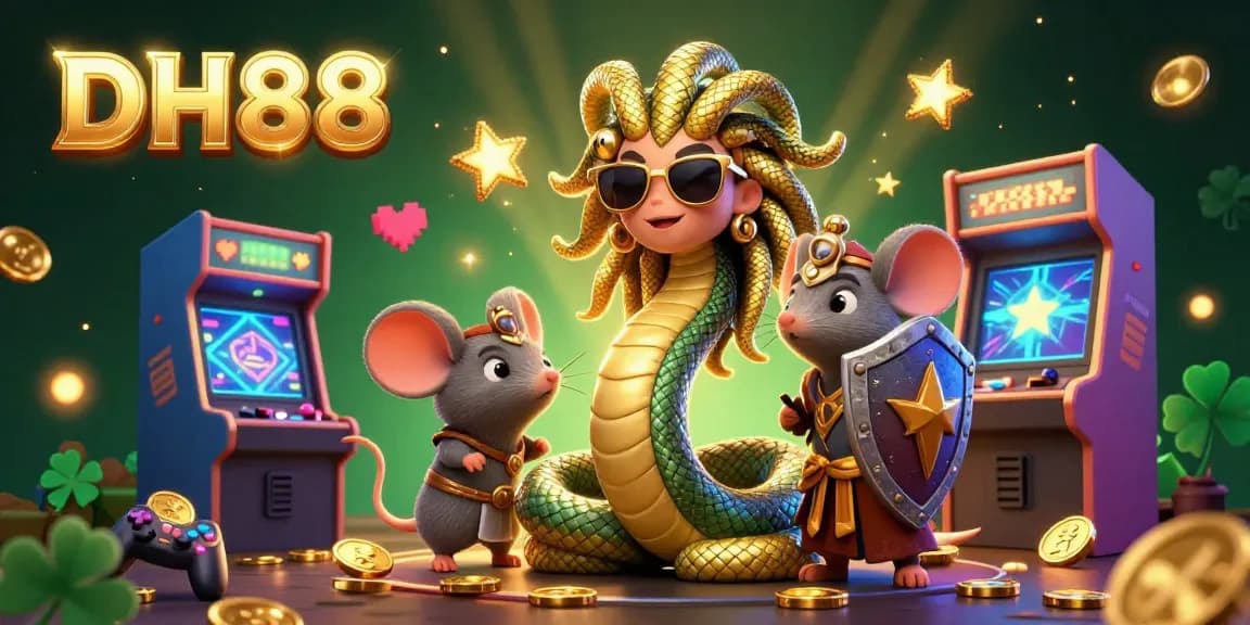 Engage with thrilling DH88 casino games featuring Medusa and a mouse warrior amidst vibrant arcade elements.