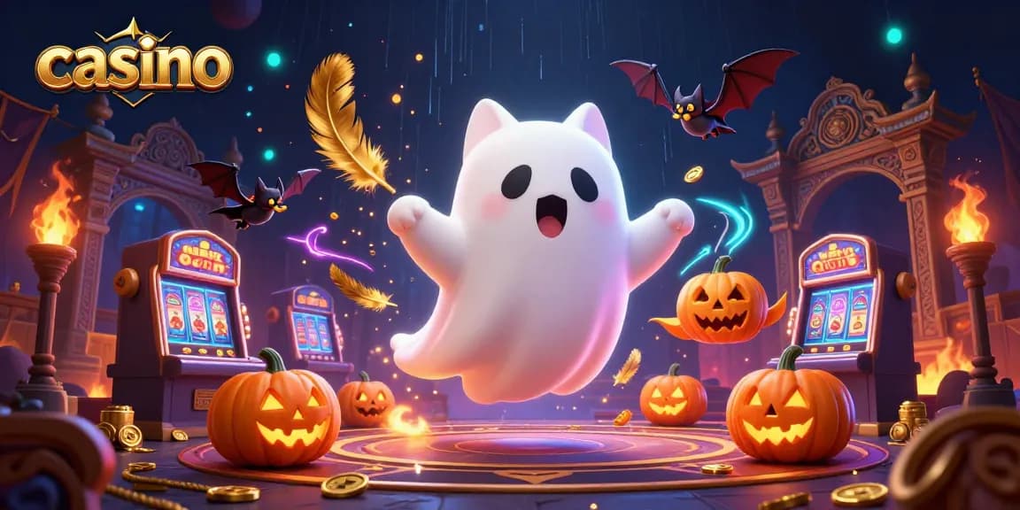 Experience the fun at the casino with a ghost cat and a glowing poker jack-o-lantern.