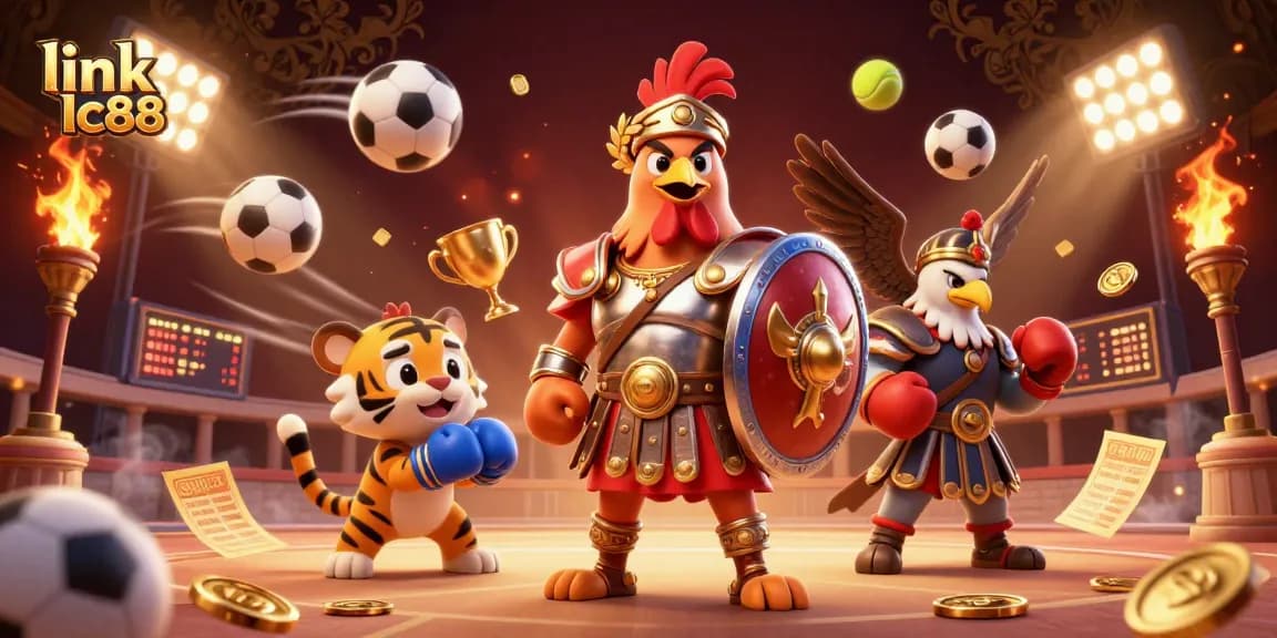 Experience the thrill of gambling with 'link lc88' - a dynamic casino scene featuring a gladiator rooster, tiger cub, and eagle in an arena.