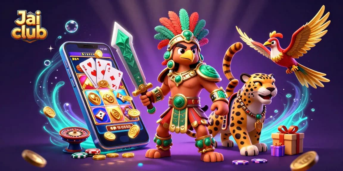 Experience thrilling gaming at Jai club with a vibrant 3D illustration of Aztec warriors and casino elements.