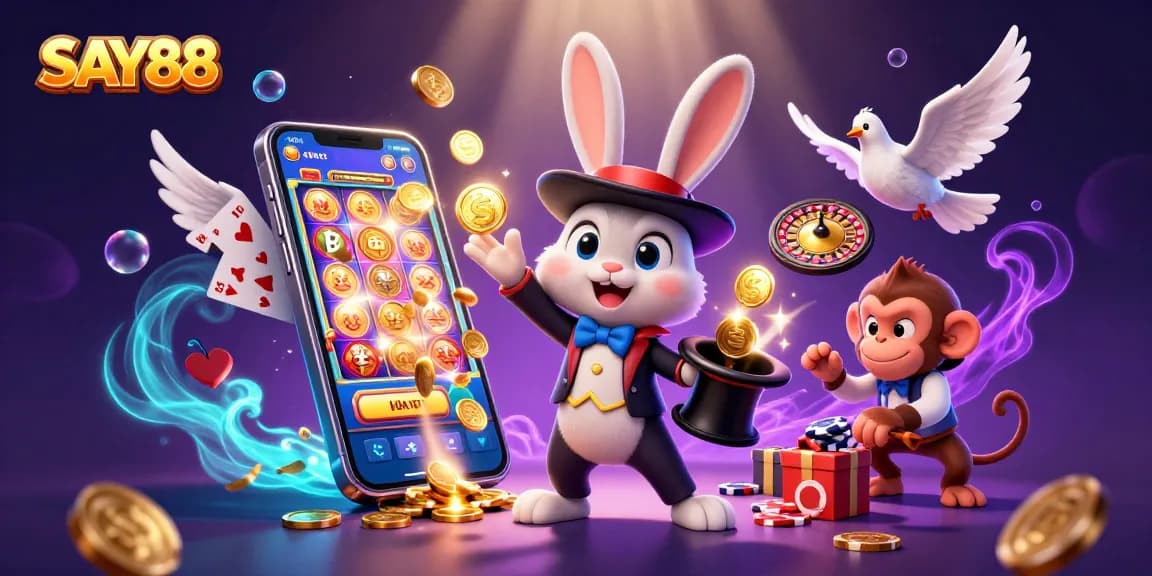 SAY88 offers a thrilling casino experience with a magician rabbit pulling coins, vibrant gameplay elements, and engaging visuals.
