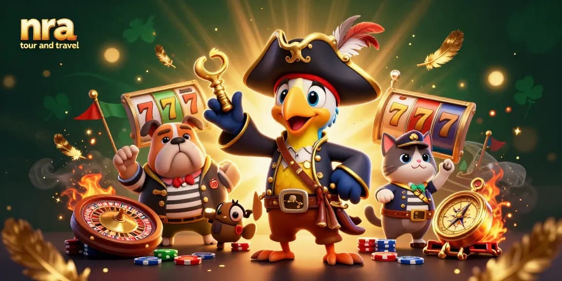 Engage with nra tour and travel's vibrant casino adventure featuring characters amidst dynamic gaming elements.