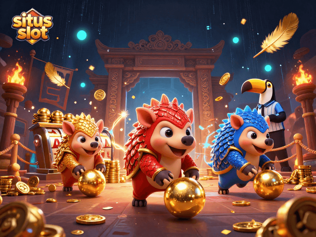 Menggulung simbol situs slot dengan pangolins berarmor bersaing di arena yang dihiasi.