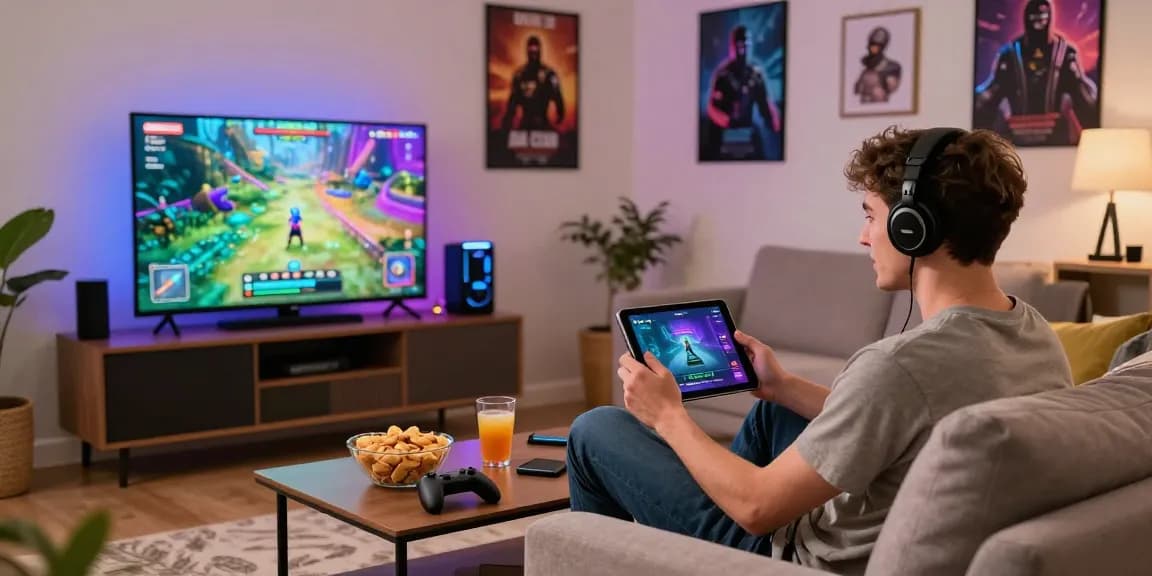 Excited gamer using jaiclub app on tablet in a cozy living room.