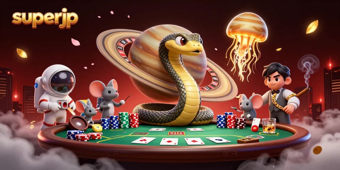 Engage with superjp players in a lively cosmic poker scene featuring astronauts and a roulette wheel.