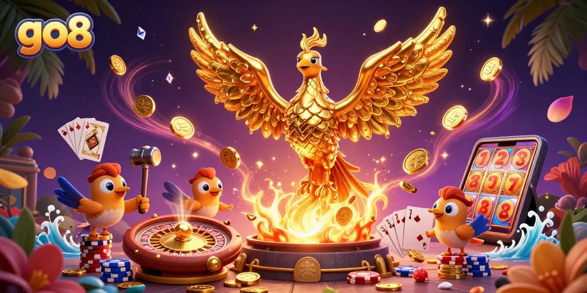 Experience thrilling gameplay at go8 with a golden phoenix soaring above cascading coins and casino elements.