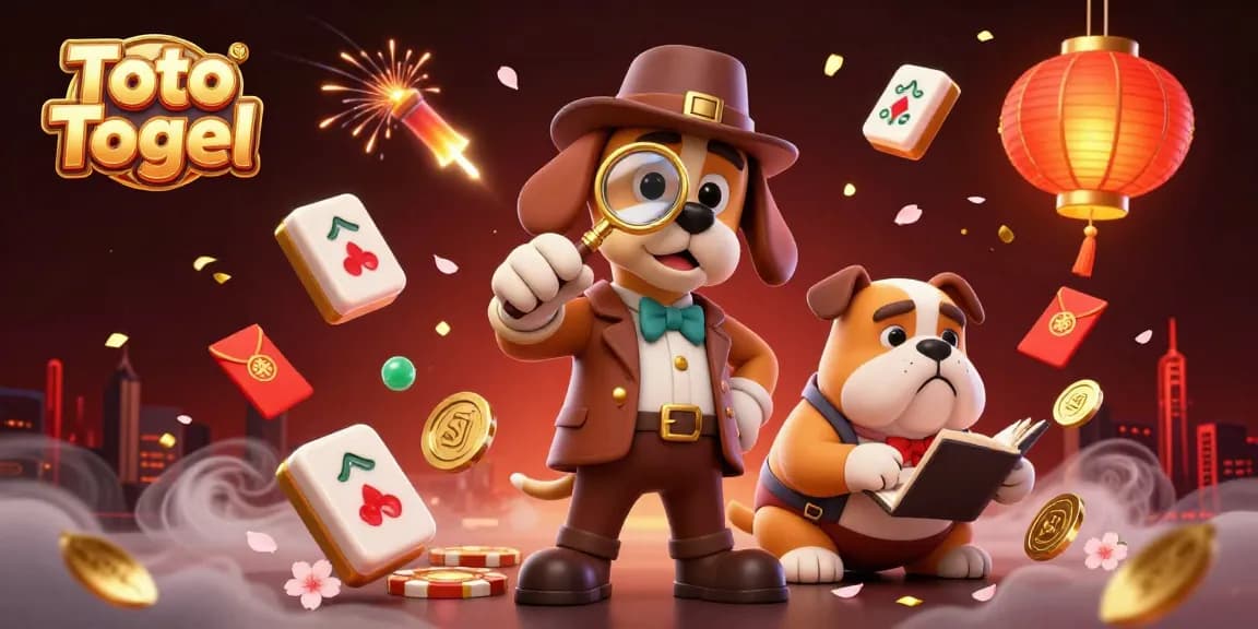 Toto Togel cartoon scene featuring a detective bloodhound examining a poker chip with festive gambling elements.
