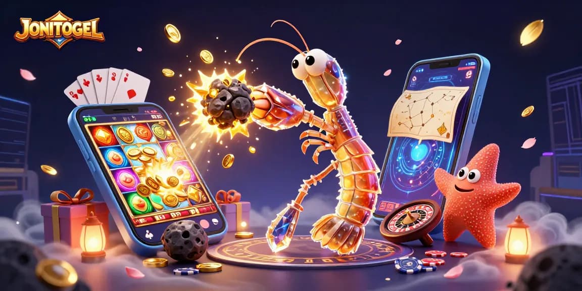在JONITOGEL中，使用星际武士虾壳的3D数字插图冲破小行星，四周金色硬币飞舞，展现精彩博彩行动。