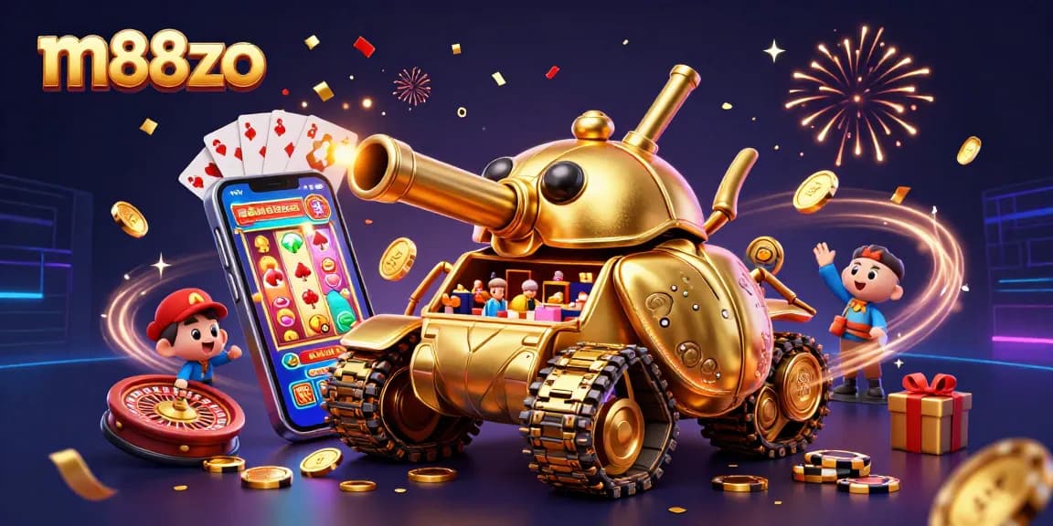 Spin the reels with m88zo's exciting slot games and vibrant casino atmosphere in a dynamic 3D scene.