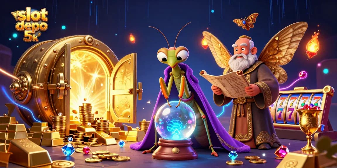 Experience magical moments with slot depo 5k in this vivid casino illustration featuring vibrant characters and sparkling treasures.