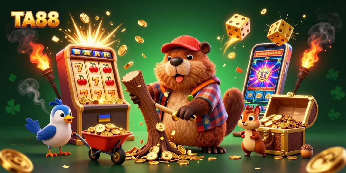 Engage with TA88's thrilling casino experience as animated characters collect golden coins amidst colorful slot machine chaos.