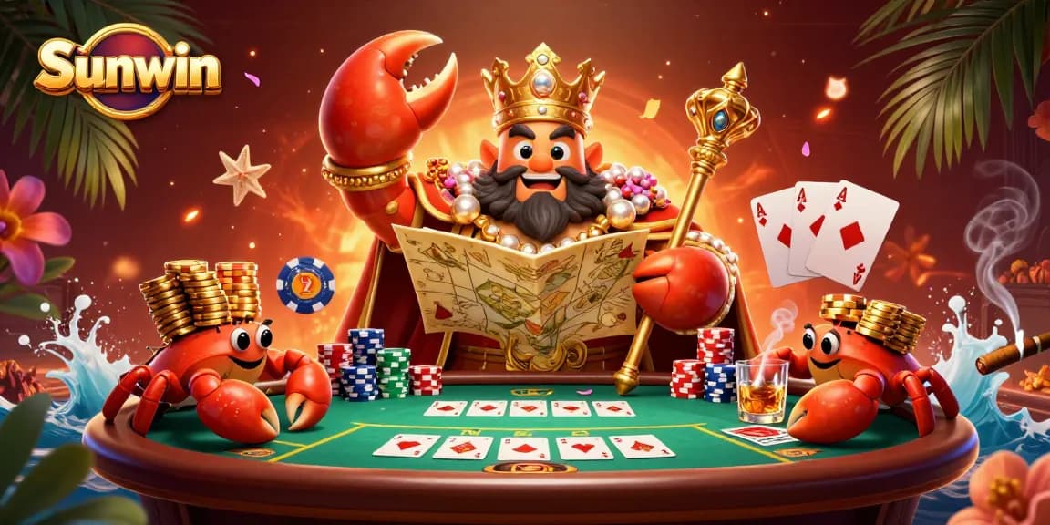Engage with Sunwin's thrilling gaming environment featuring a golden crab emperor and poker elements.