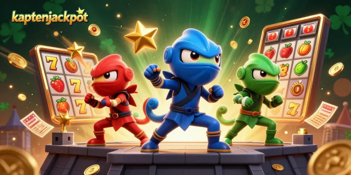Experience the thrill of kaptenjackpot as cartoon chameleon ninjas synchronize their martial arts atop a vibrant rooftop.