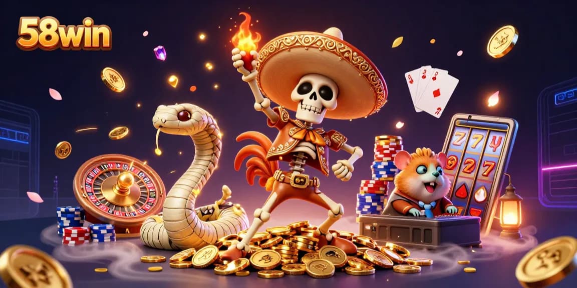 Experience thrilling wins at 58win with vibrant casino illustrations showcasing excitement and gameplay.