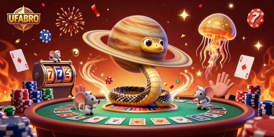 UFABRO engages players with thrilling cosmic casino action featuring slot reels and poker elements.