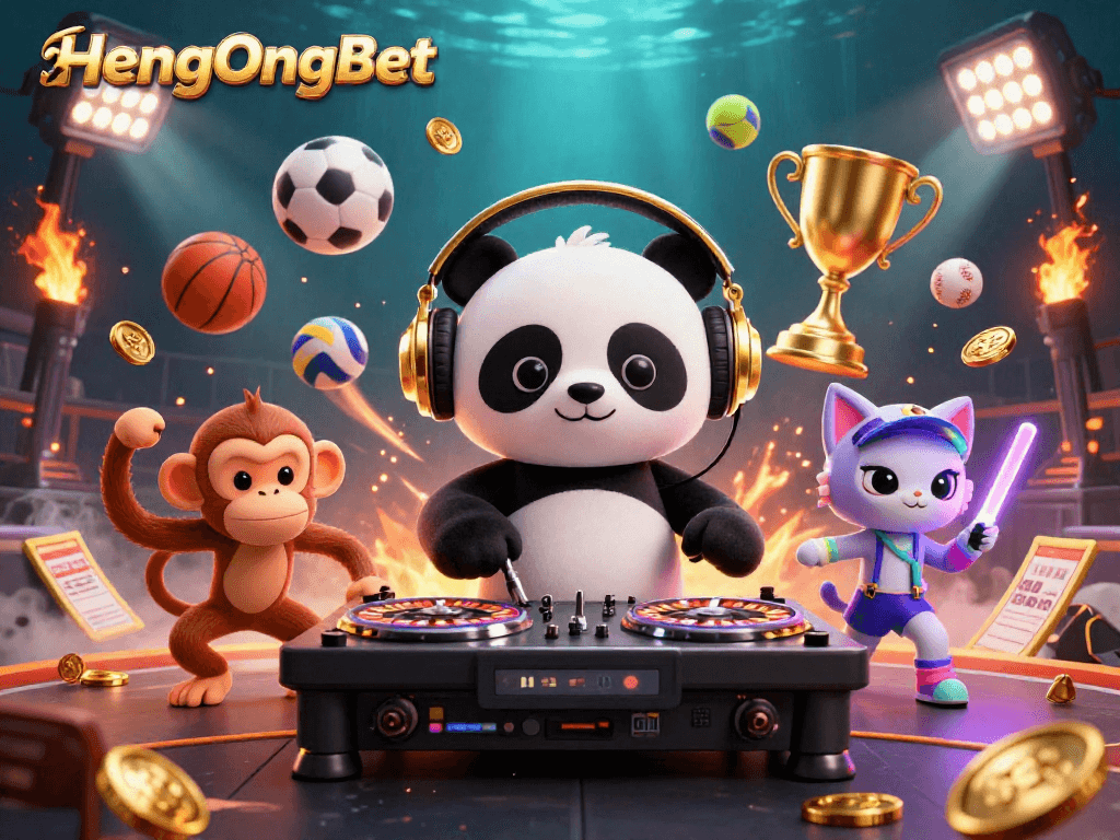 Engaging HengOngBet scene with vibrant characters, dynamic sports elements, and a captivating DJ panda.