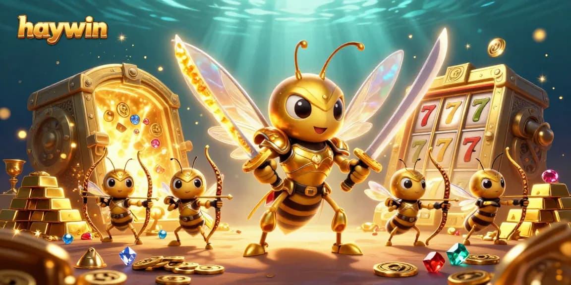 Experience the excitement of Haywin's slots with this vibrant 3D illustration featuring a golden hornet in action.