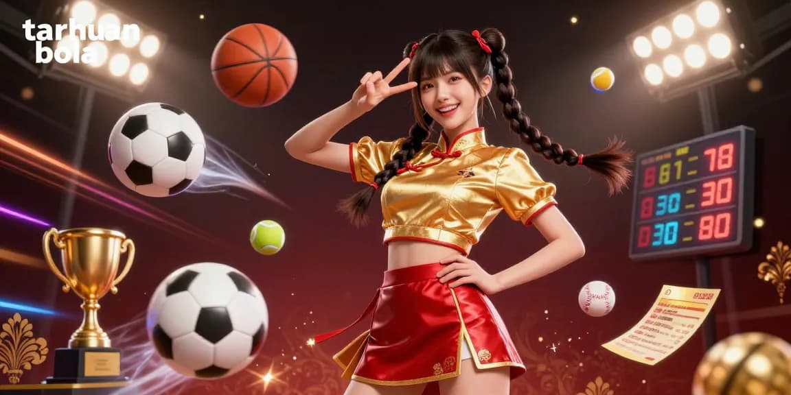 Engage in taruhan bola action featuring a vibrant Asian woman celebrating with sports elements surrounding her.