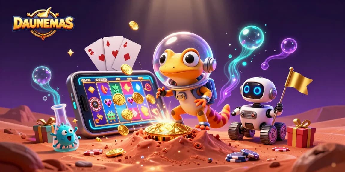 DAUNEMAS showcases an alien casino adventure with vibrant slot games and animated characters.