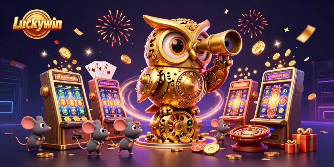 Experience the excitement of Luckywin with a 3D casino illustration showcasing slot machines and colorful winnings.