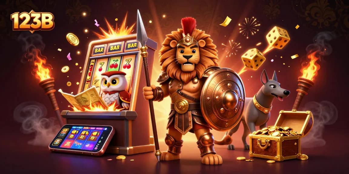 Engage with thrilling moments at 123B as characters celebrate casino jackpots amid vibrant game elements.