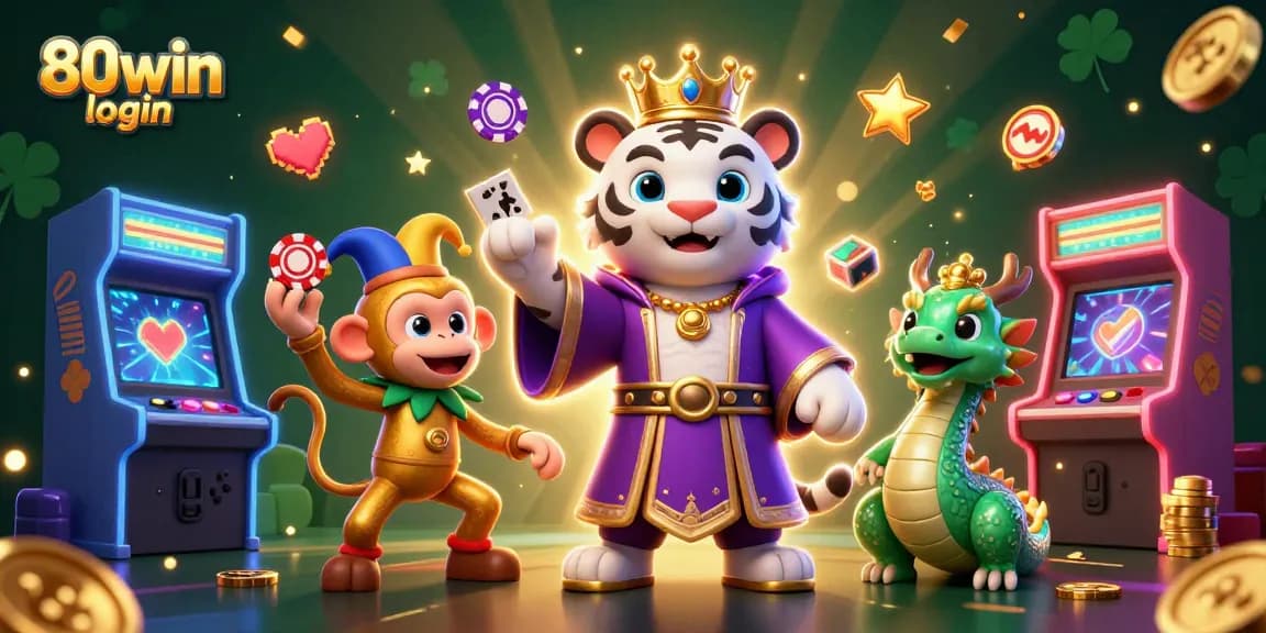 Experience the excitement of 80win login with vibrant casino games and playful characters for online betting.