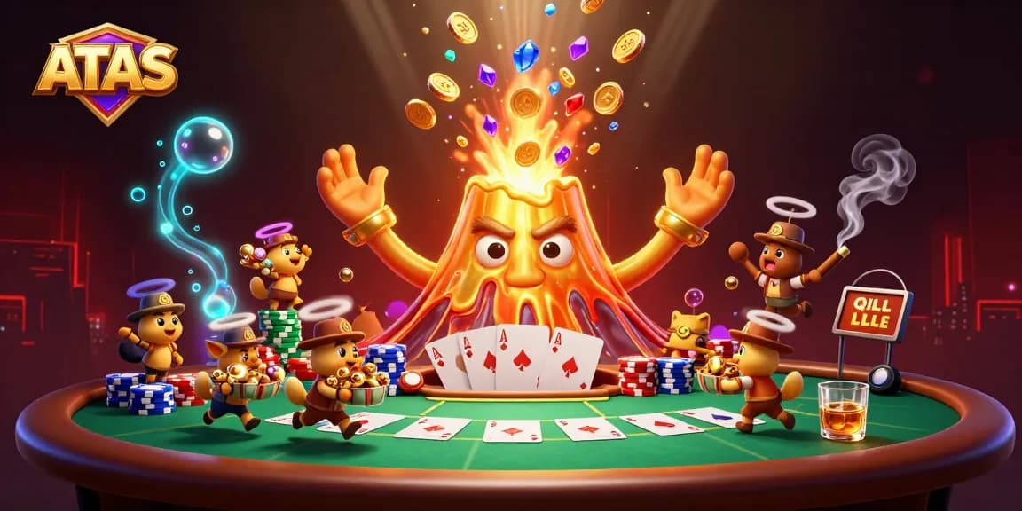 Engage with ATAS and experience the thrilling eruption of coins and gems in a lively casino scene.