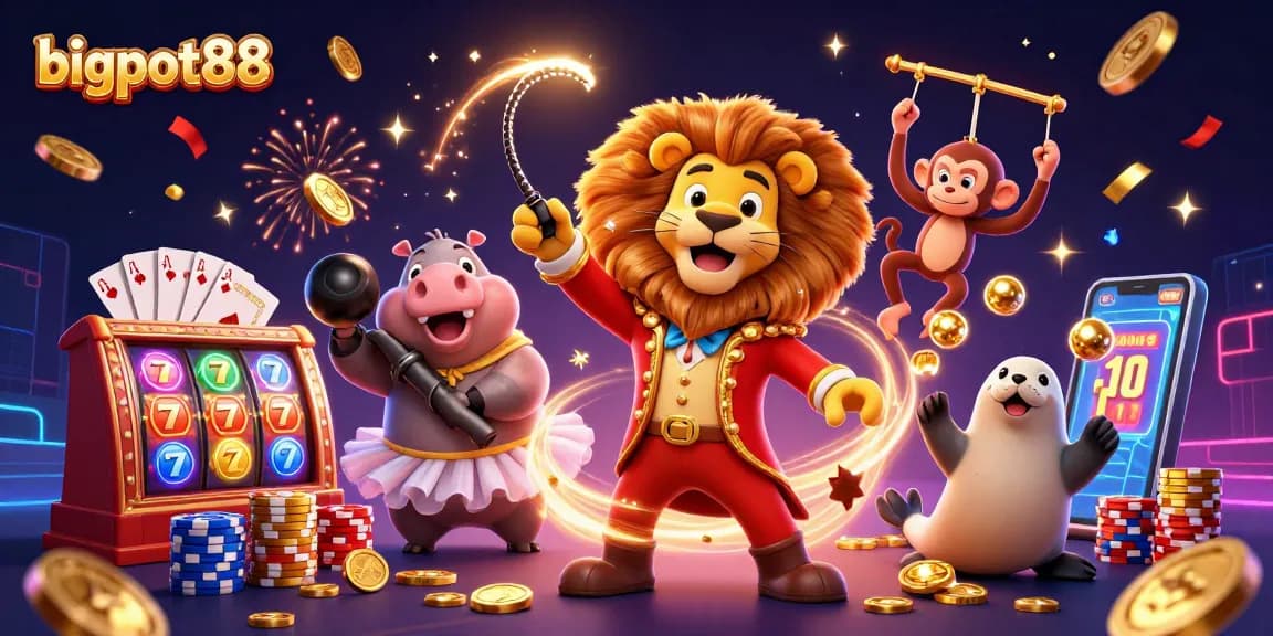Spin to win with bigpot88 in this colorful 3D casino illustration showcasing vibrant slot machines and festive characters.