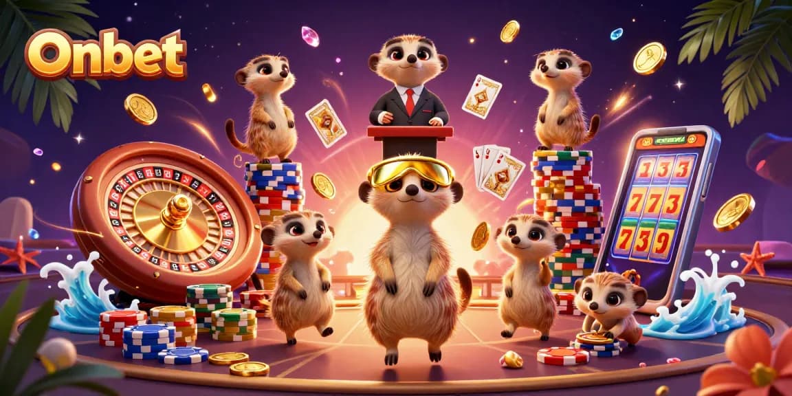 Experience fun at Onbet's cartoon casino with meerkats, cards, and golden coins!