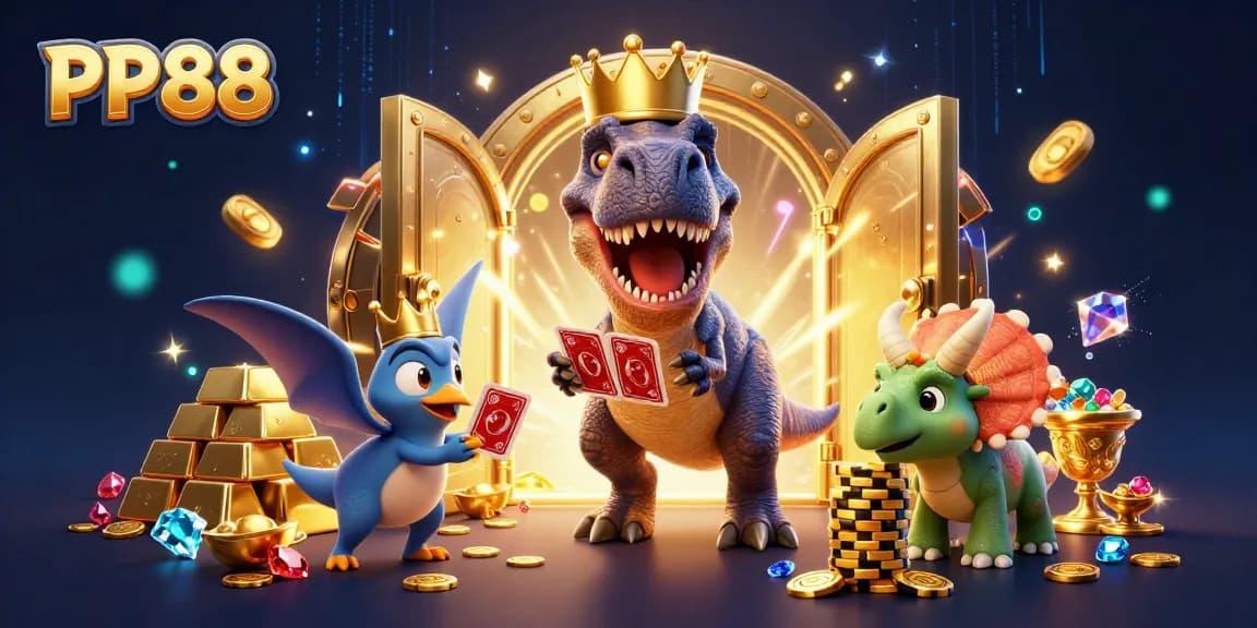 PP88 features a fun dinosaur scene with a T-Rex and friends in a casino setting, showcasing excitement.