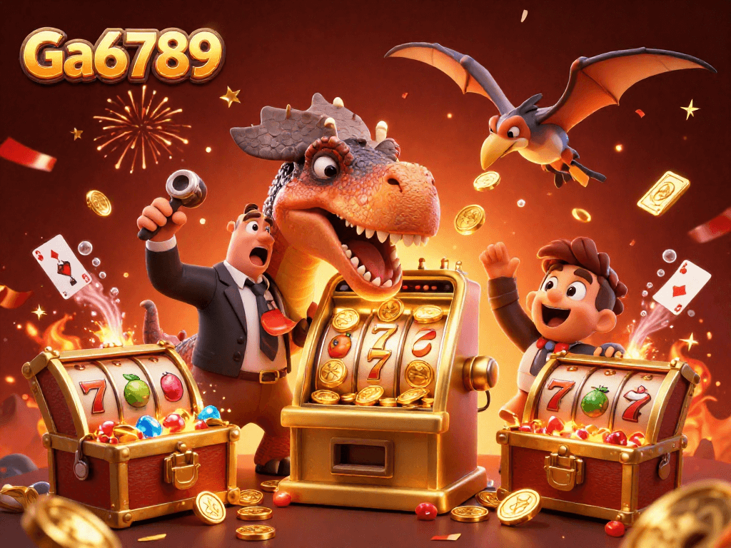 Ga6789 slot machine showdown with dinosaurs winning golden coins in a vibrant casino.