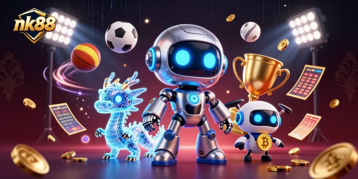 Play at nk88 with vibrant casino elements, featuring a cyberpunk robot and AI companions.