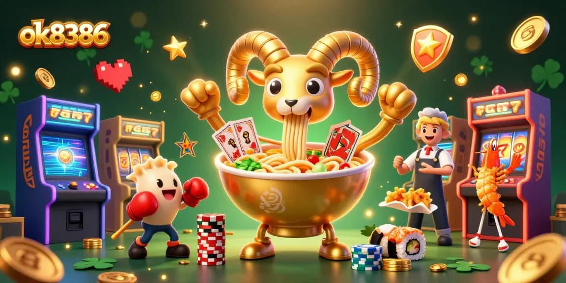 Engage in high-stakes fun with ok8386 featuring a vibrant scene of a golden ramen bowl and casino elements!