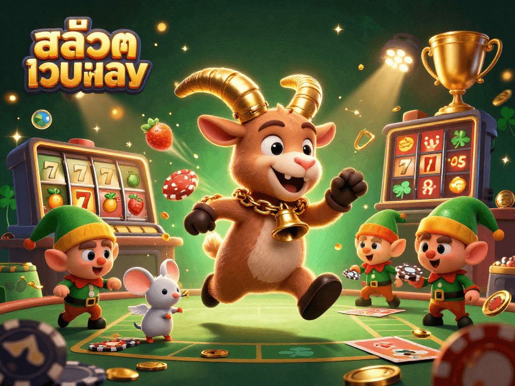 Experience exciting gaming at สล็อตเว็บตรง with Krampus, angel mouse, and gremlins in a vibrant casino scene.