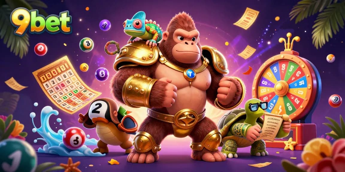 Engage with 9bet's vibrant lottery scene showcasing dynamic elements and rich 3D characters.