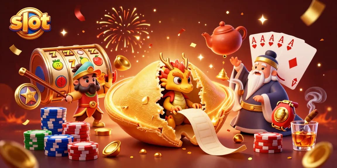 Experience thrilling slot action with a golden fortune cookie, dragon, and vibrant casino elements