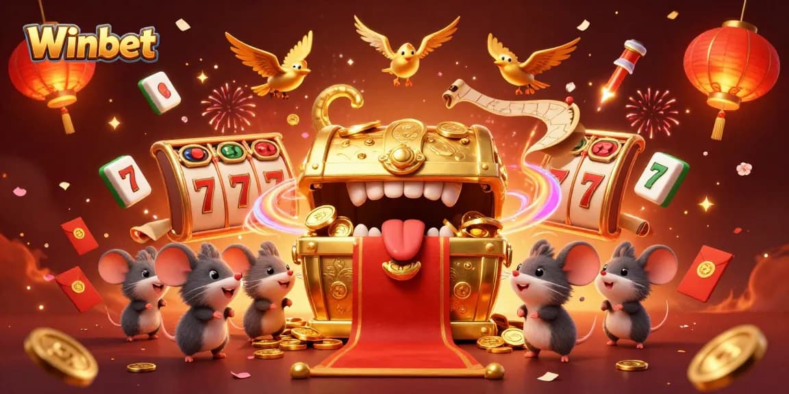 Winbet's vibrant online gaming scene featuring a treasure chest and dynamic slot elements.