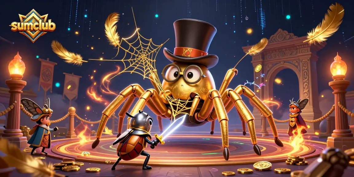 Experience thrilling gameplay at Sumclub with the golden tarantula and knight in a vibrant casino scene.