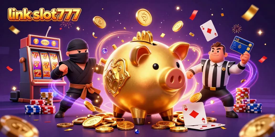 Win big with link slot777 in this vibrant casino scene featuring characters celebrating with golden coins and jackpots.