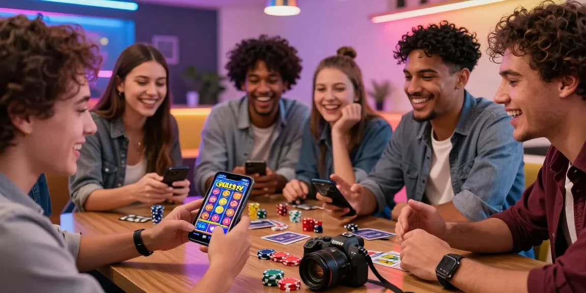 Exciting group gaming moment with Slots PK app displayed, friends enjoying casino gaming experience.