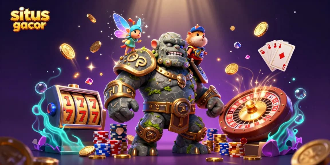 Experience the magic of situs slot gacor with a captivating 3D casino scene featuring dynamic characters and game elements.