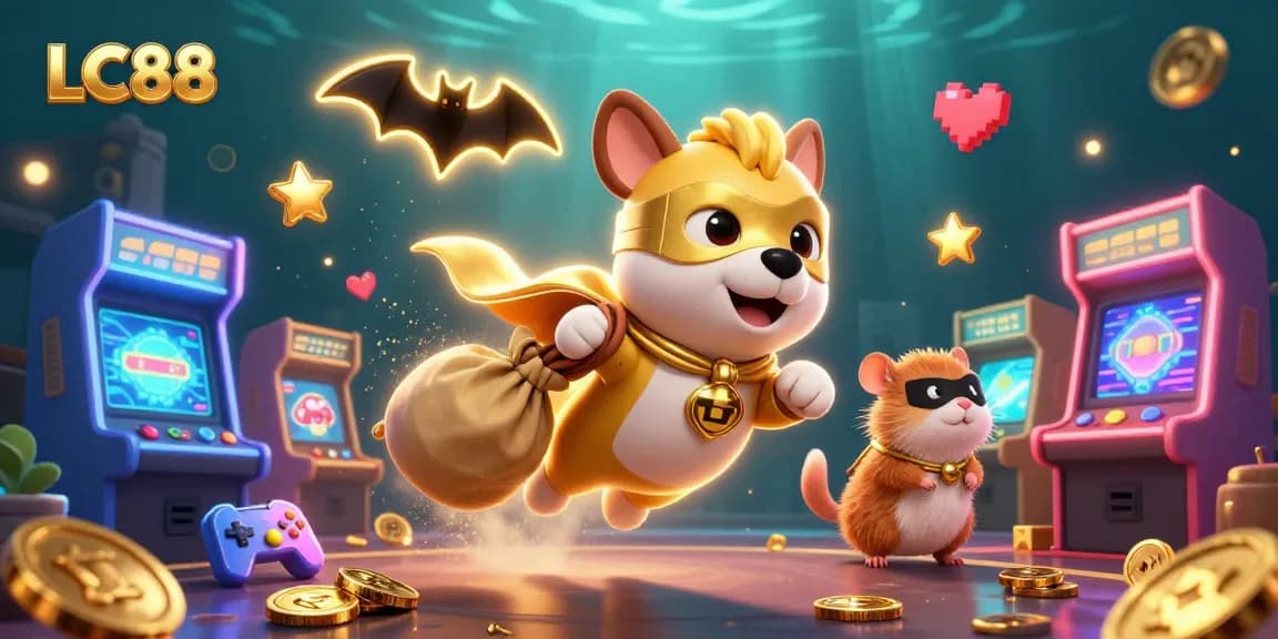 Experience the excitement of LC88 with a superhero dog, colorful game elements, and vibrant casino imagery.